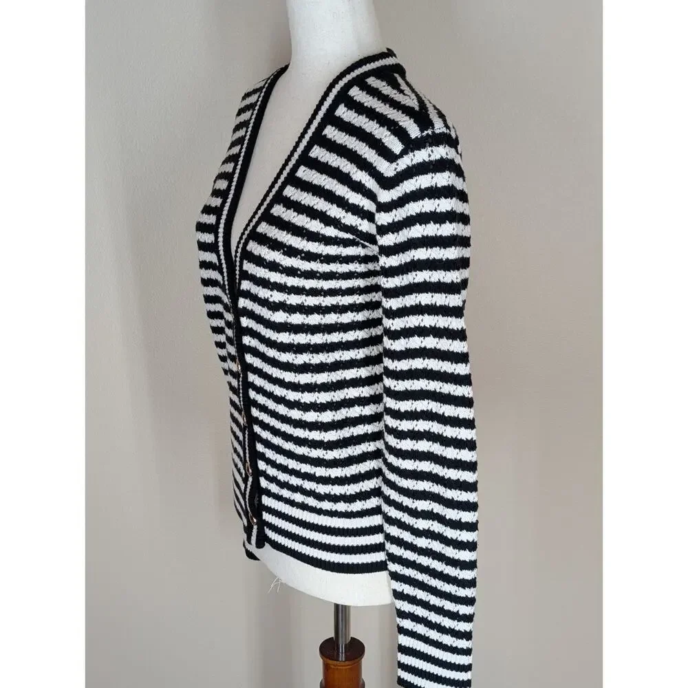 LOFT Pointelle Striped Cardigan Size XS Black White Stripe Gold Buttons Crochet